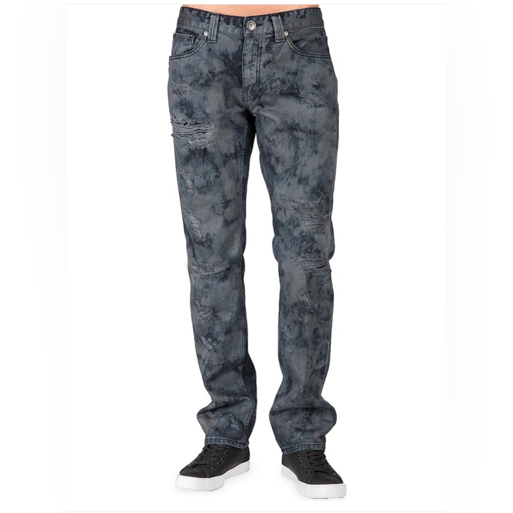 Level 7 Men's Jeans Slim Sraight Dark Blue Distressed Bleach Size: W38 L34